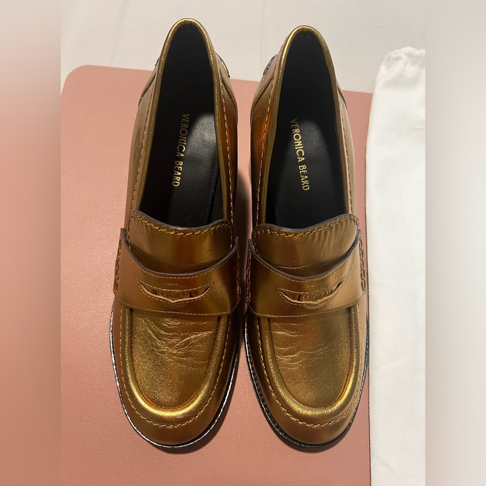 Veronica Beard Penny Loafer Block Heel Pump Metallic Dark Gold Leather SZ 7 - Picture 3 of 7